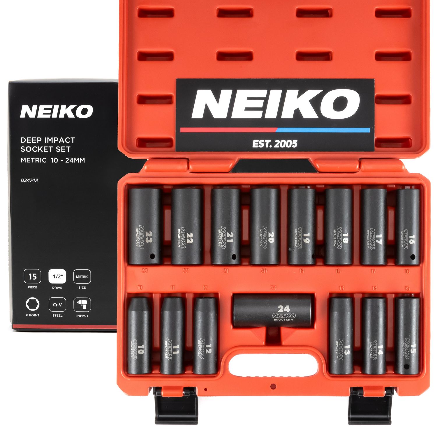 NEIKO 1/2in Drive Metric Deep Impact Socket Set 15 Piece