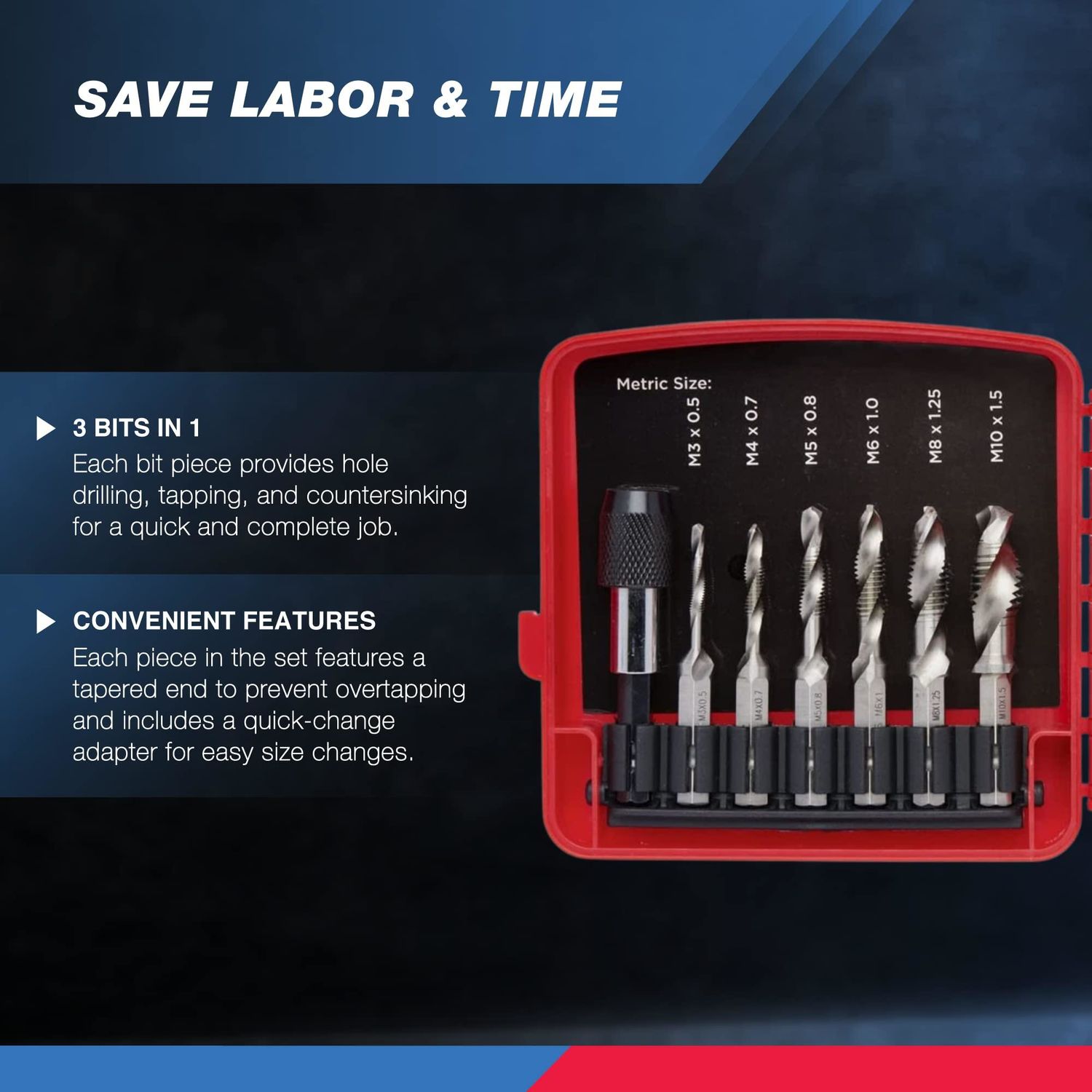 NEIKO SAE (6-32NC to 1/4-20NC), Metric (M3 to M10) Combo Drill and Tap