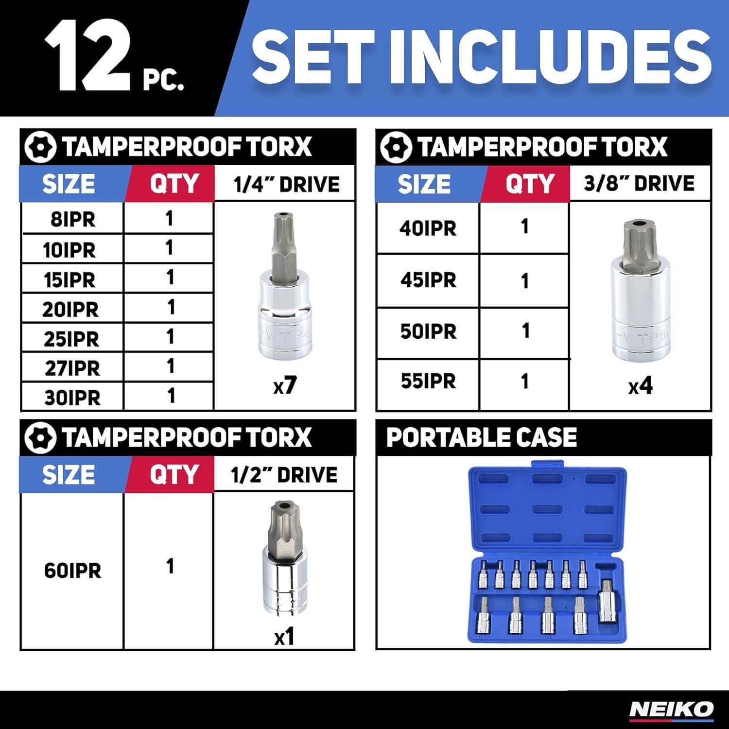 NEIKO 8 IPR to 60 IPR Tamper Proof Torx Bit Socket Set 12 Piece