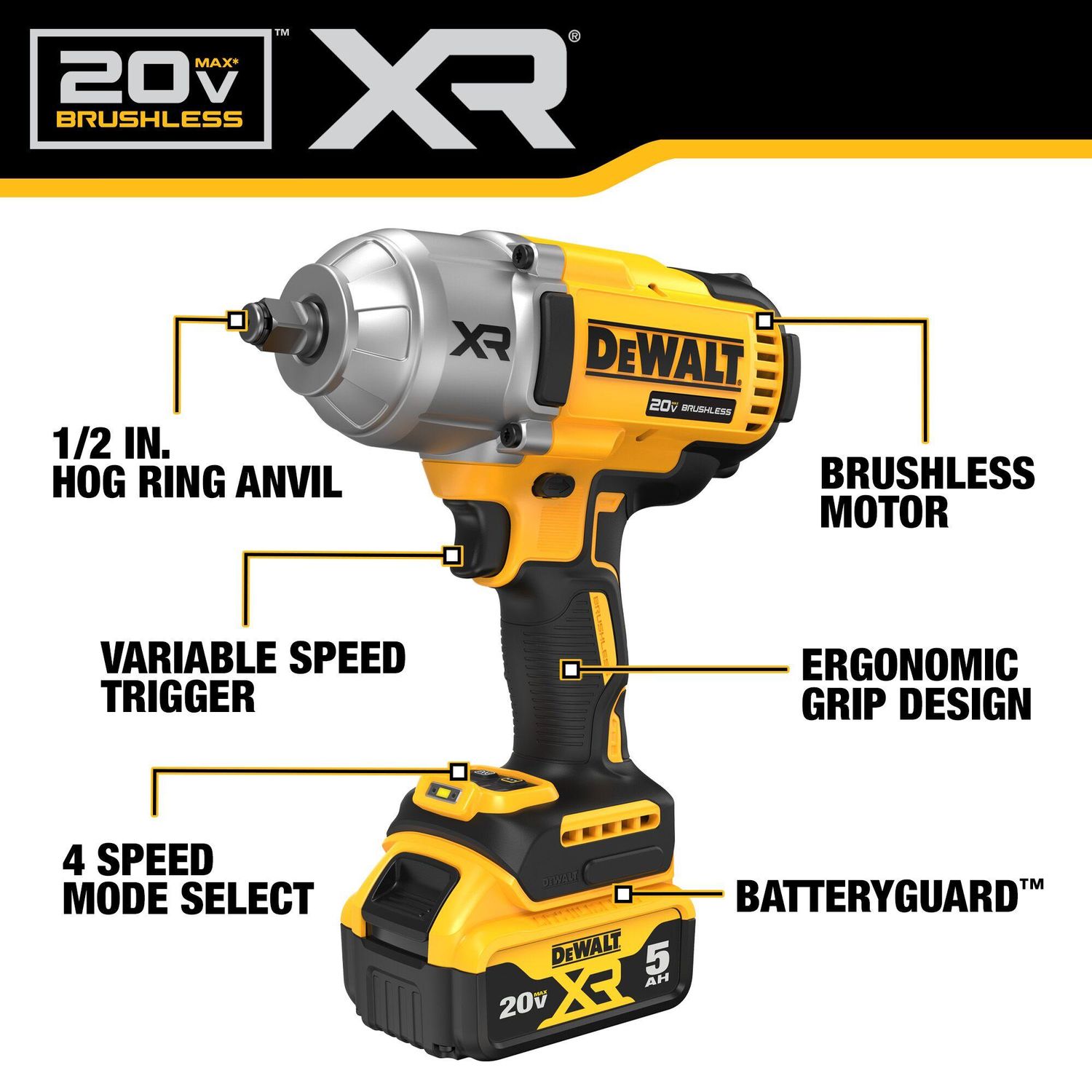 Dewalt 20 Volt MAX XR 1/2in Impact Wrench with Hog Ring Anvil Kit
