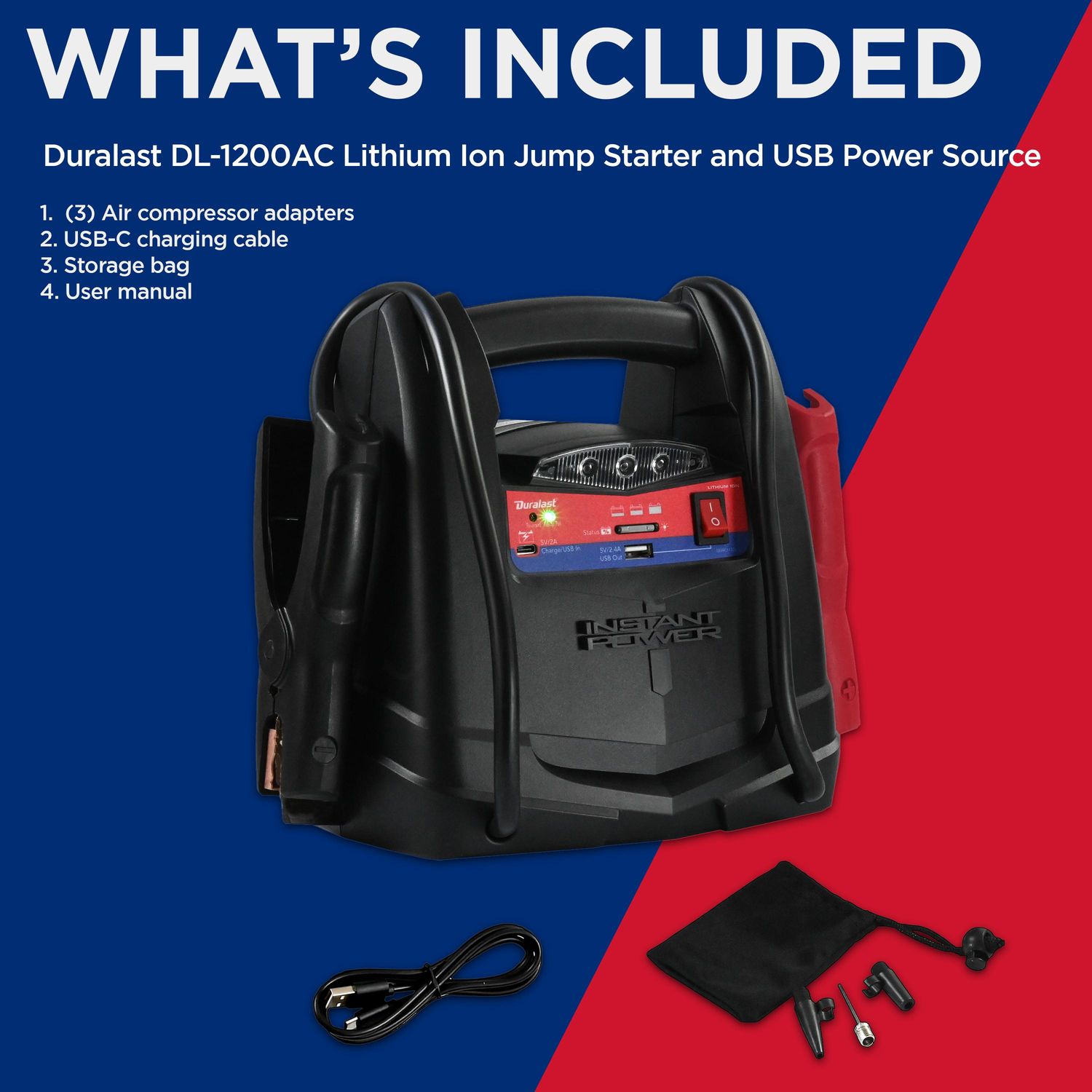 Duralast DL-1200AC 1200 Amp Lithium Portable Battery Jump Starter and Compressor