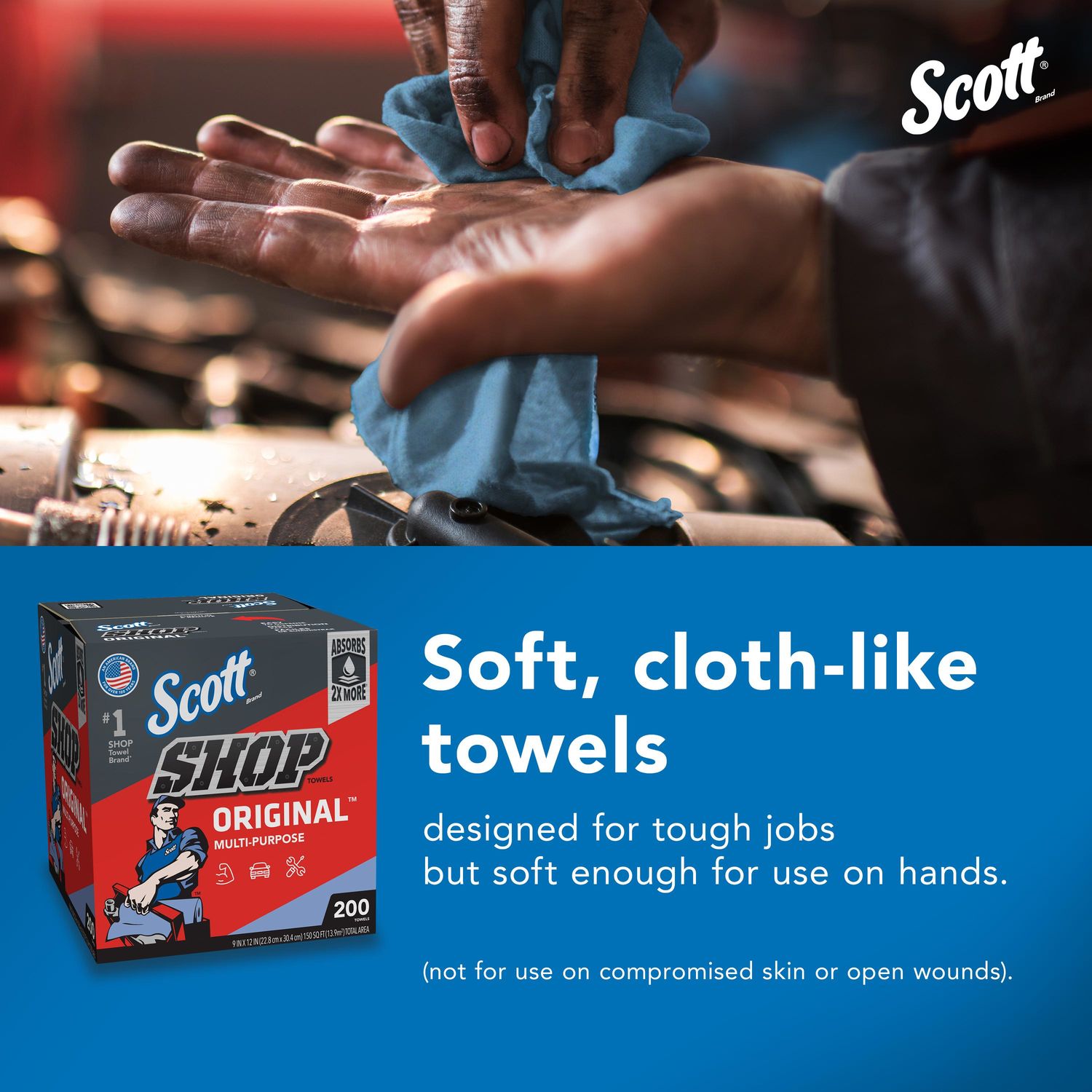 SCOTT Shop Towels 200ct Box - 20-oz Blue Shop Towel for Efficient