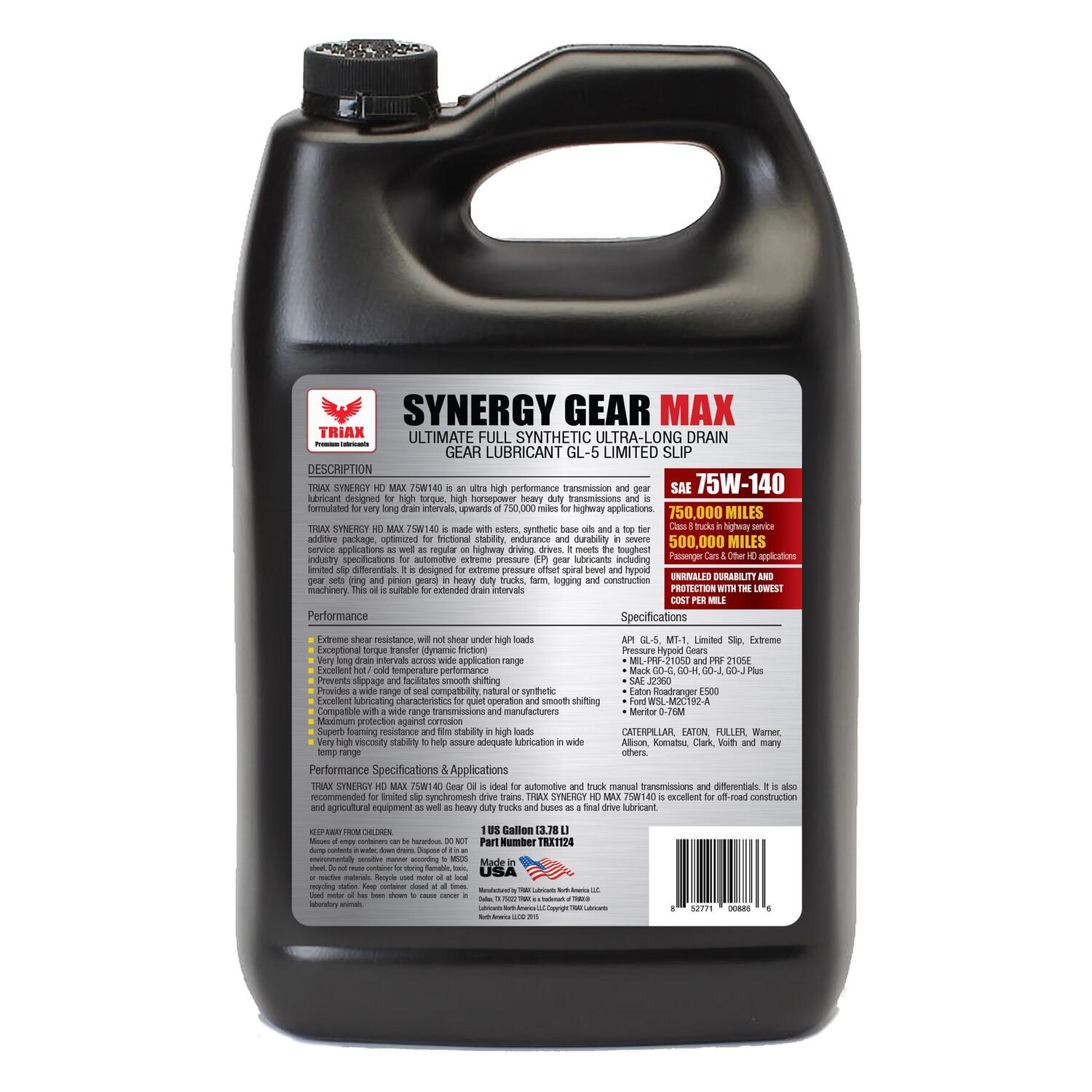 Triax Lubricants Synergy Gear Max 75W140 Gl5 Full Synthetic 1Gal