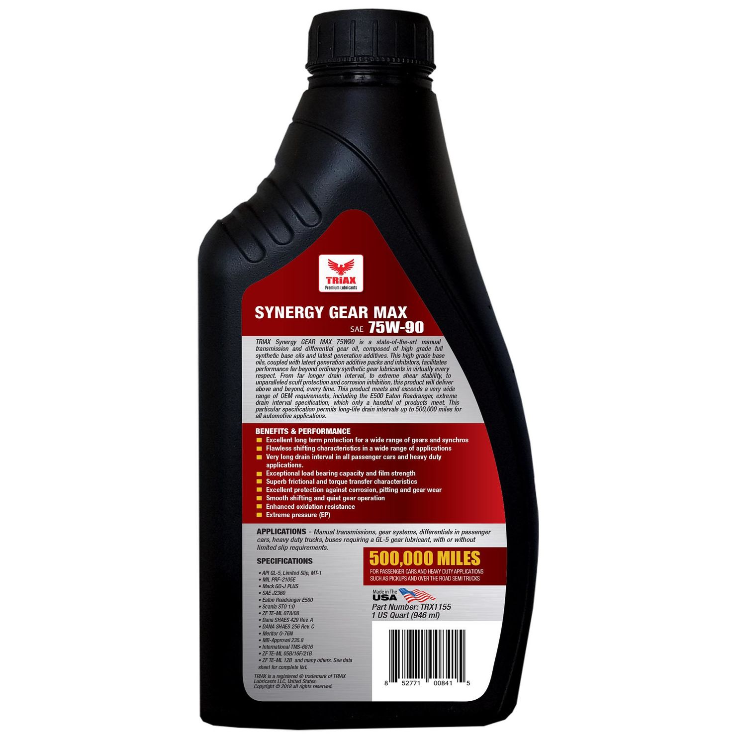 Triax Lubricants Synergy Gear Max 75W-90 Gl-5 Full Synthetic