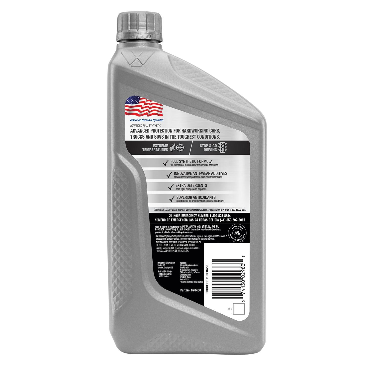 Valvoline Advanced Full Synthetic Standard Full Synthetic Engine Oil 0W ...