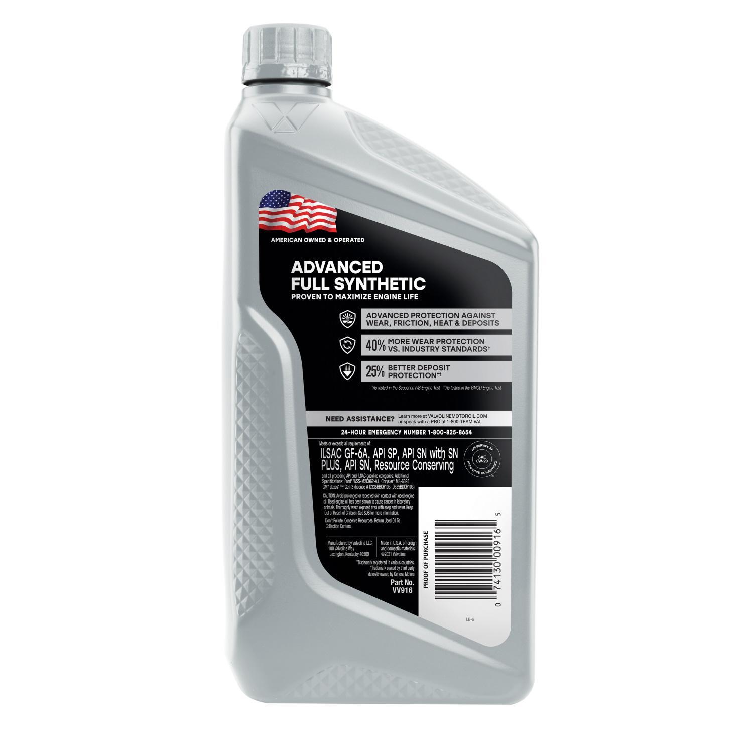 Valvoline Advanced Full Synthetic Engine Oil 0W-20 1 Quart