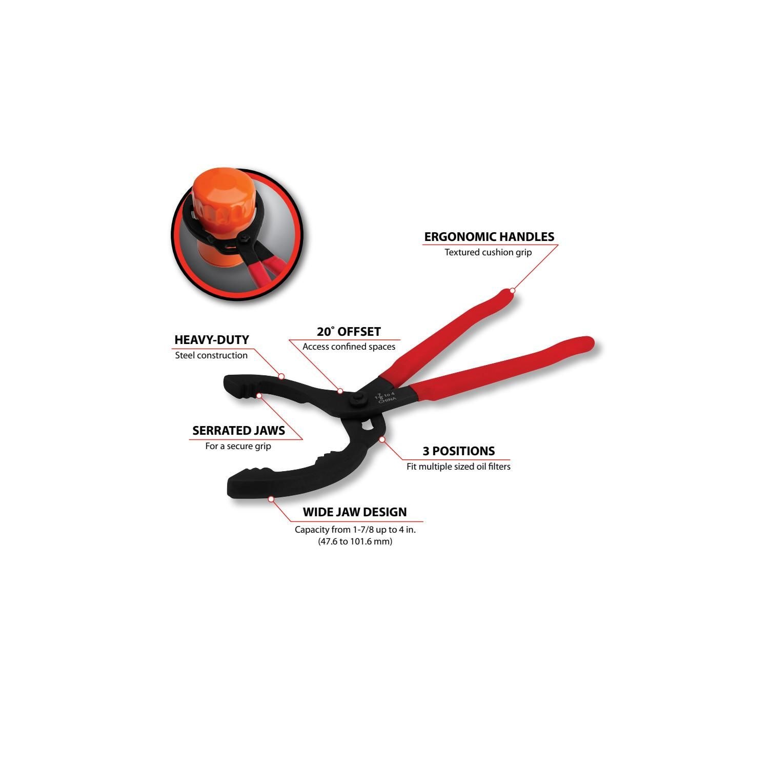 Performance Tool W54310 Small Straight Jaw Oil Filter Pliers - Grips 2-1/4" To 3-1/2" Filters, 3 Position Lock - View #11