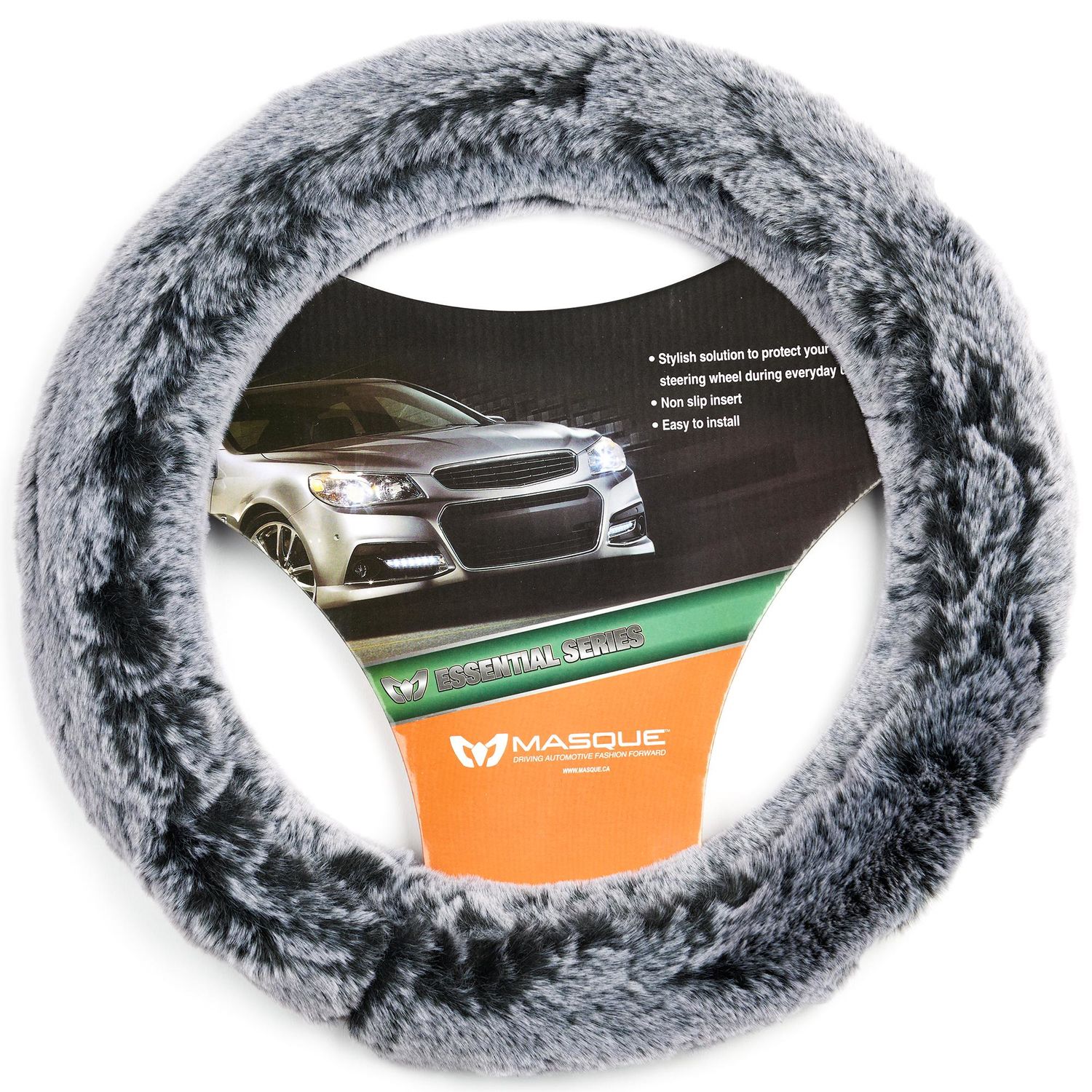 Masque Black and Gray 2 Tone Furry Steering Wheel Cover