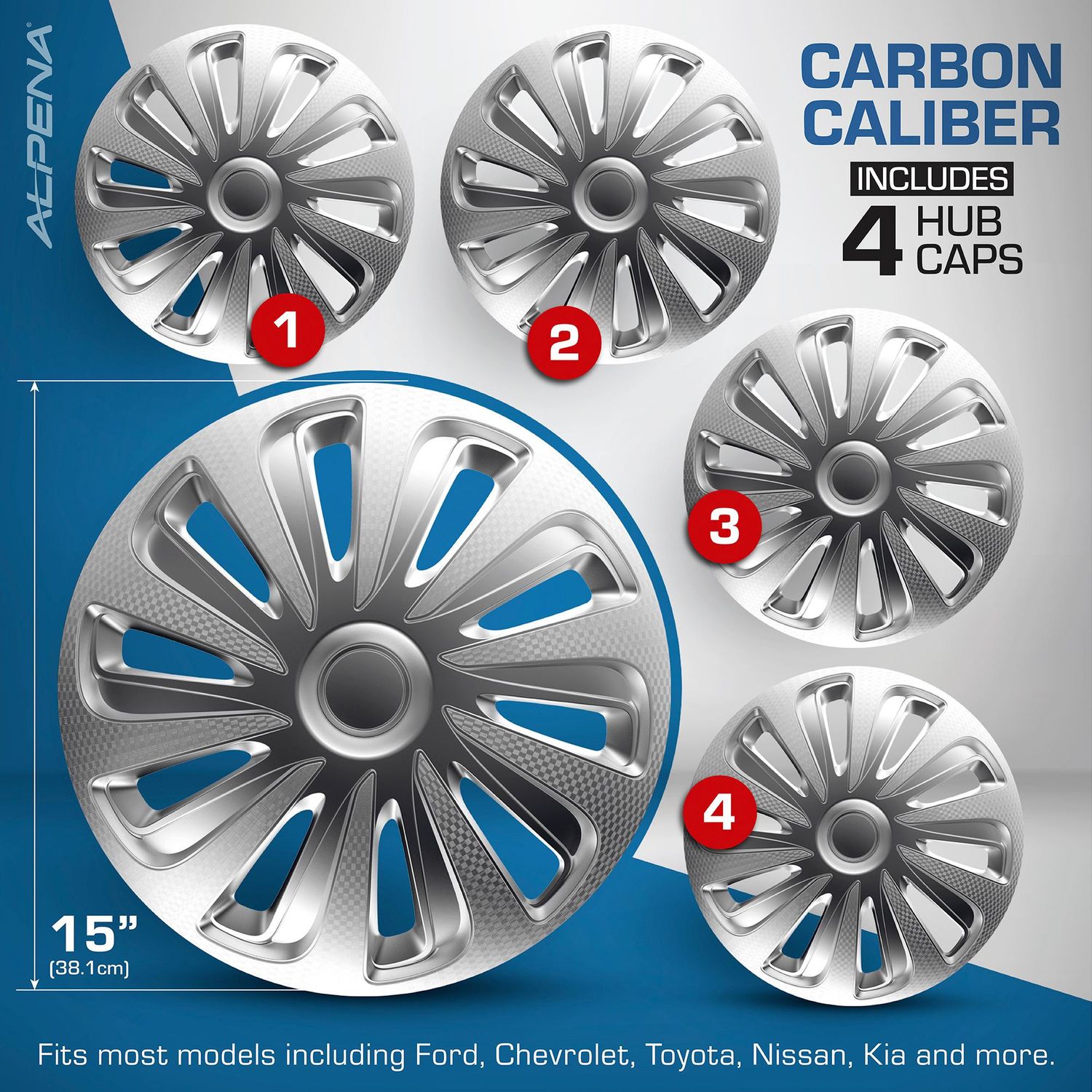 Alpena Silver Carbon 15in Universal Wheel Cover/Hub Cap Set 4 Piece