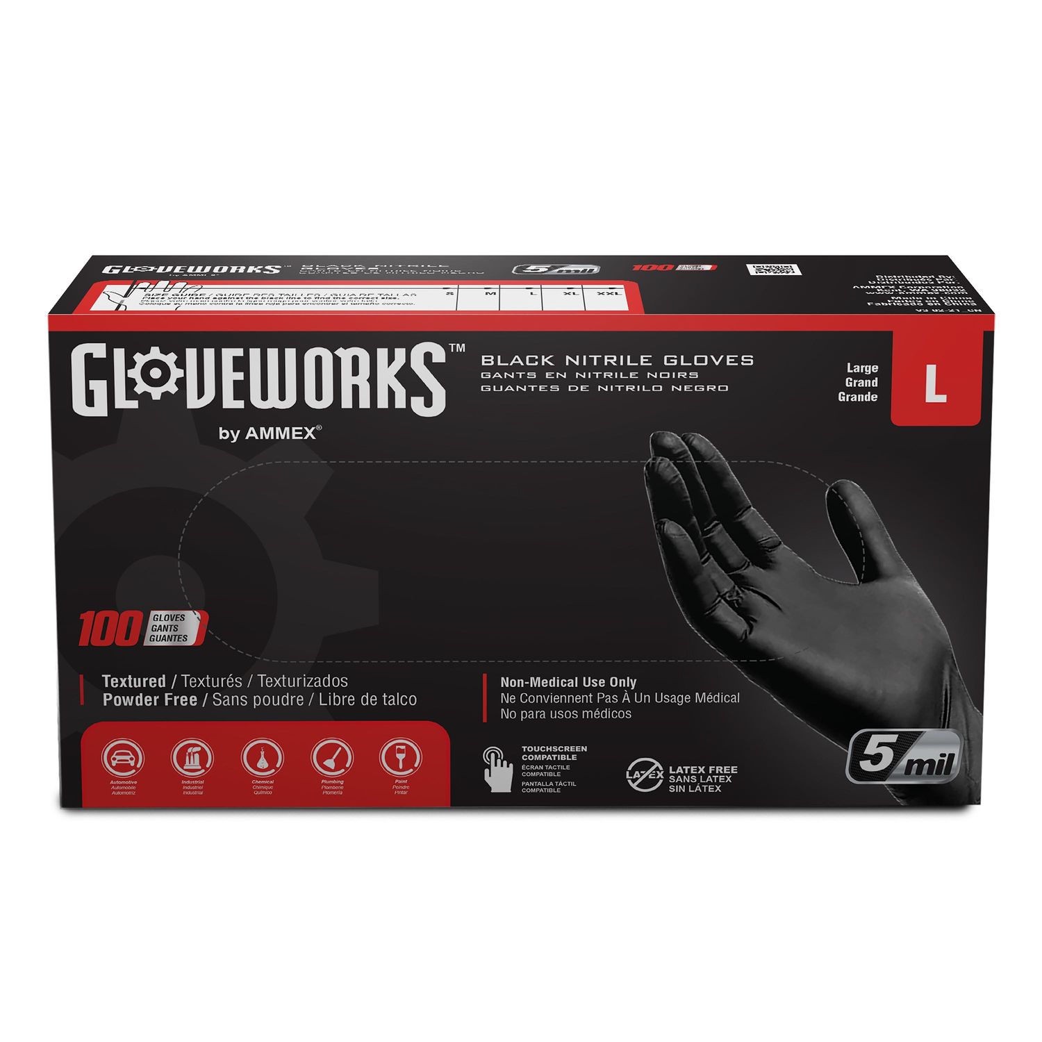 Gloveworks Black Nitrile Large Powder Free Industrial Gloves 100 Piece