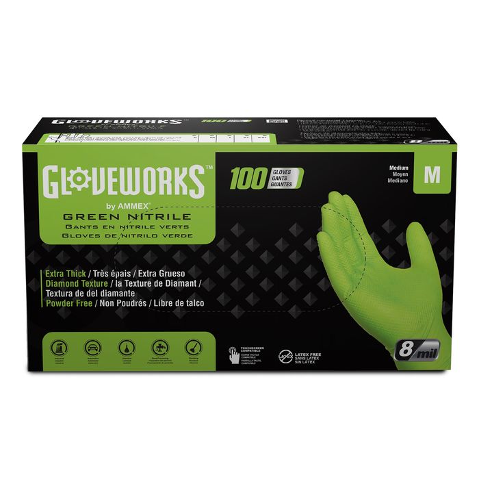 Gloveworks Heavy Duty Green Medium Nitrile Raised Diamond Texture Powder  Free Industrial Gloves 100 Piece