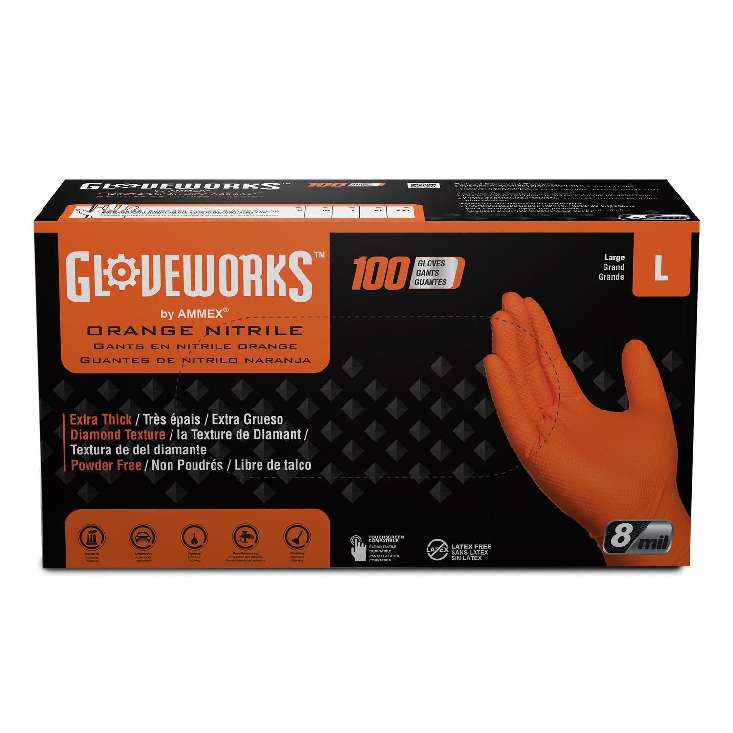 Gloveworks Heavy Duty Orange Nitrile Large Raised Diamond Texture