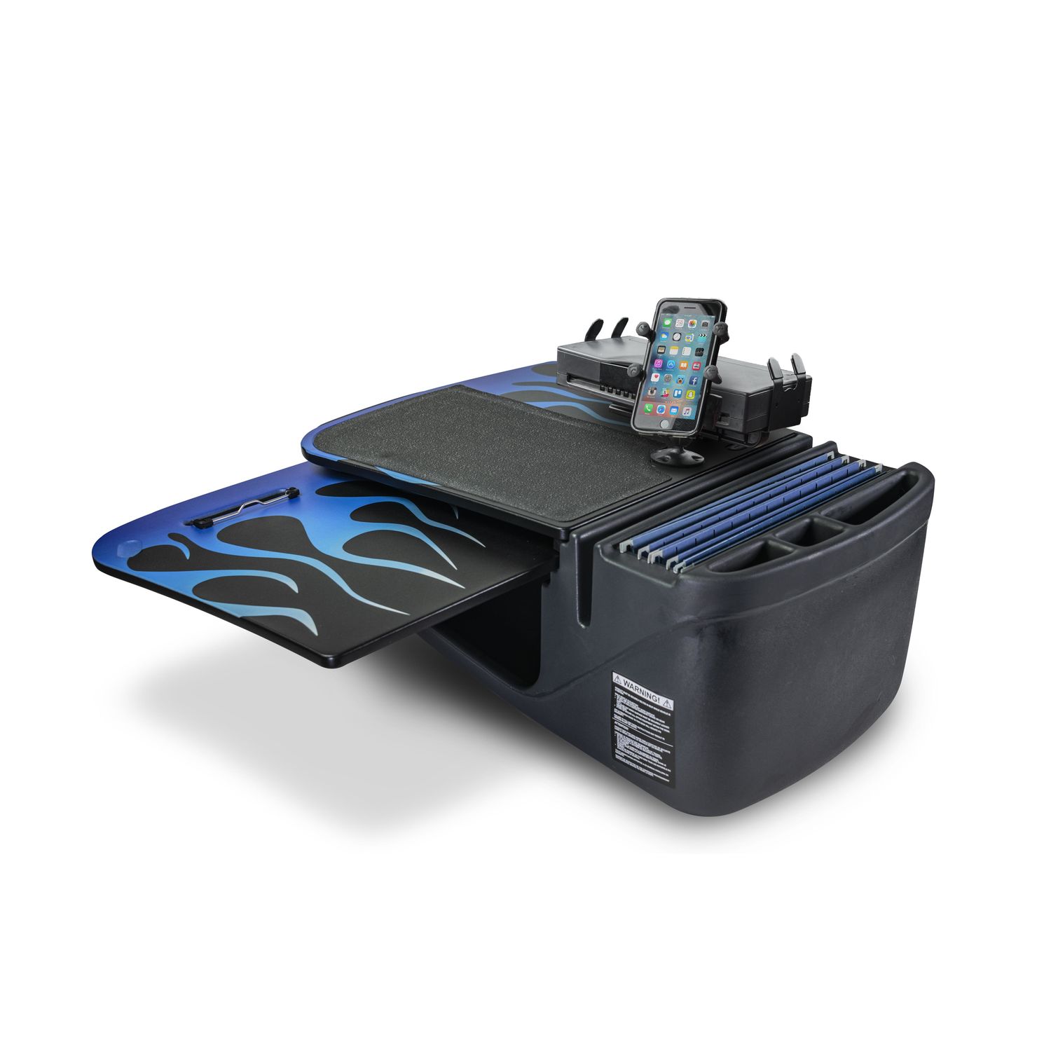 AutoExec GripMaster Car Desk Blue Steel Flames with X-Grip Phone Mount and  Printer Stand