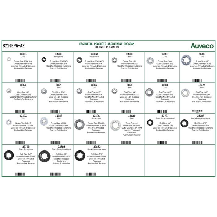 Auveco Push Nut Retainers 21 Varieties, 1,000 Pieces