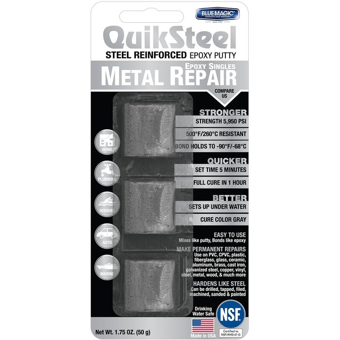 Blue Magic Quiksteel Steel Reinforced Epoxy Putty for Metal Repair 1.75oz