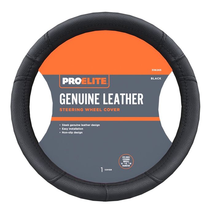 ProElite Black Leather 15in Steering Wheel Cover