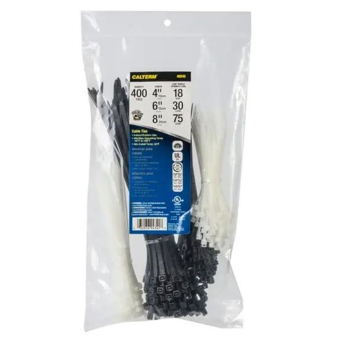 Calterm 4 in., 6 in. and 8 in. 18Lbs, 30Lbs and 50Lbs Black and Natural Cable Ties 400 Piece