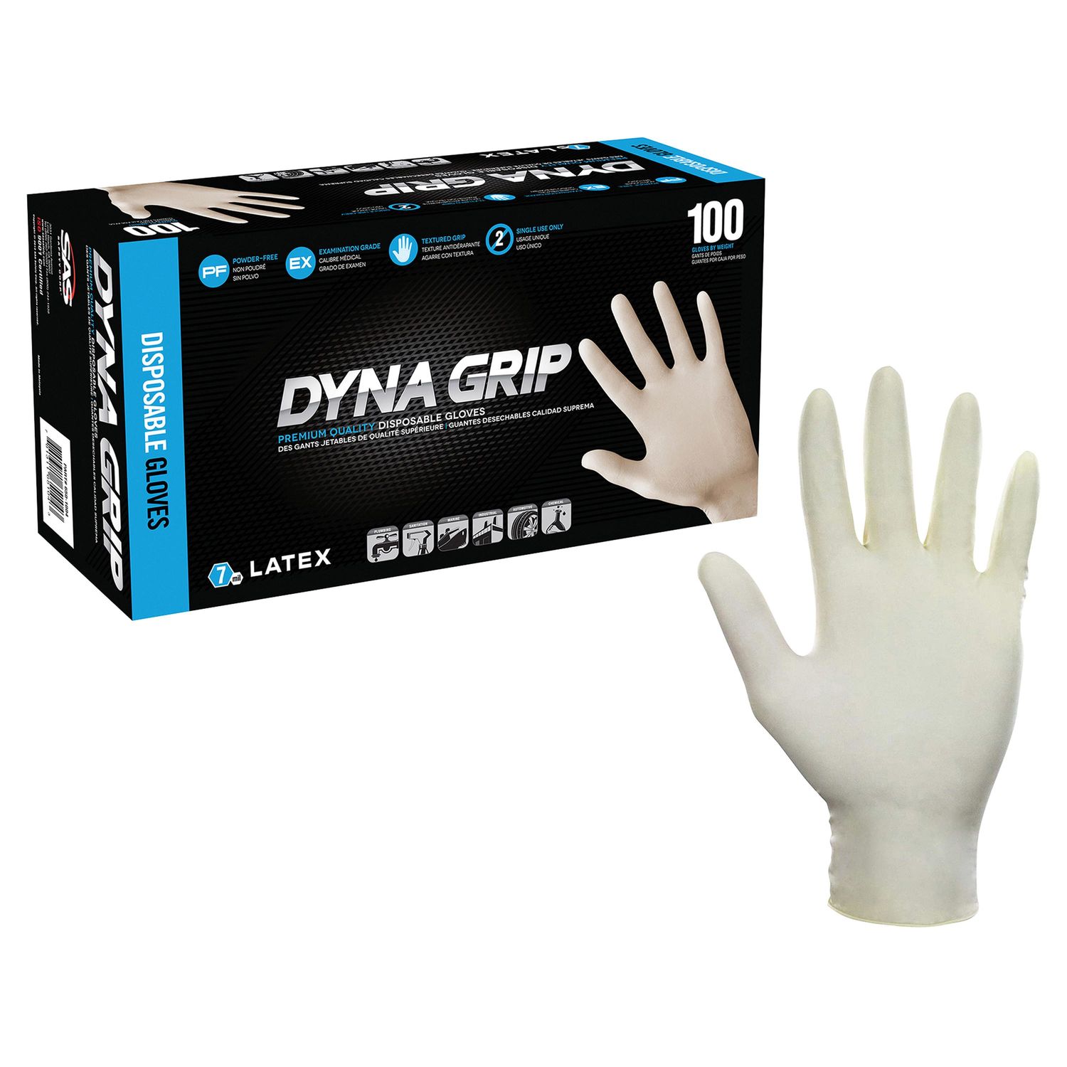 SAS Safety Dyna grip Powder Free Exam Latex Medium Gloves 5 Piece