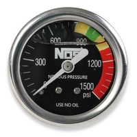 NOS/Nitrous Oxide System 1/8in NPT Inlet Threads; Stainless Steel; 1.5in Diameter; Black Dial Face with White Needle; 0-1500 PSI; Liquid Filled Nitrous Pressure Gauge