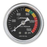 NOS/Nitrous Oxide System 1/8in NPT Inlet Threads; 1.5in Diameter; Black Dial Face with White Needle; 0-1500 PSI; Liquid Filled; Sniper Nitrous Pressure Gauge