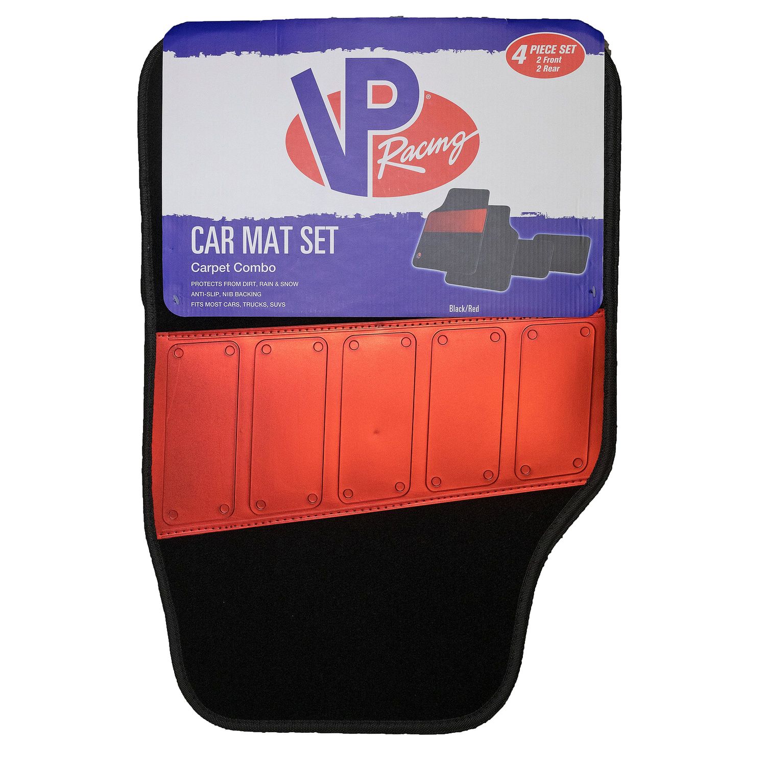 VP Racing Black and Red Carpet with Metallic Heel Pad Car Mat 4 Piece