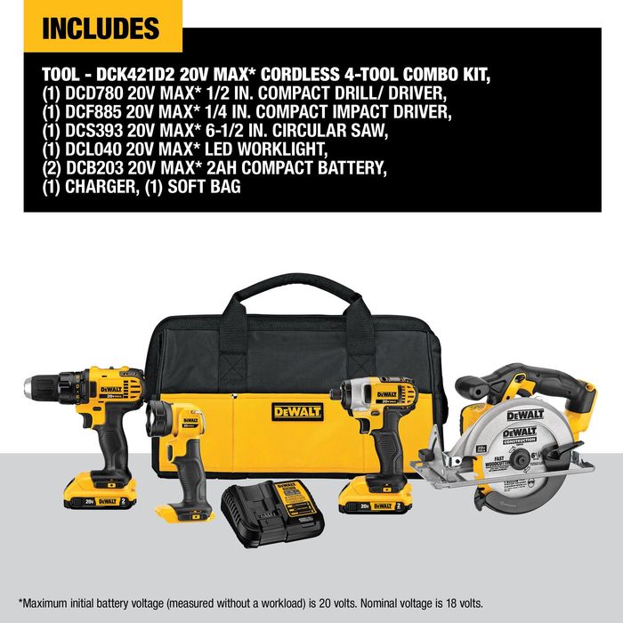 Dewalt 20 Volt MAX Cordless 4 Tool Combo Kit DCK421D2