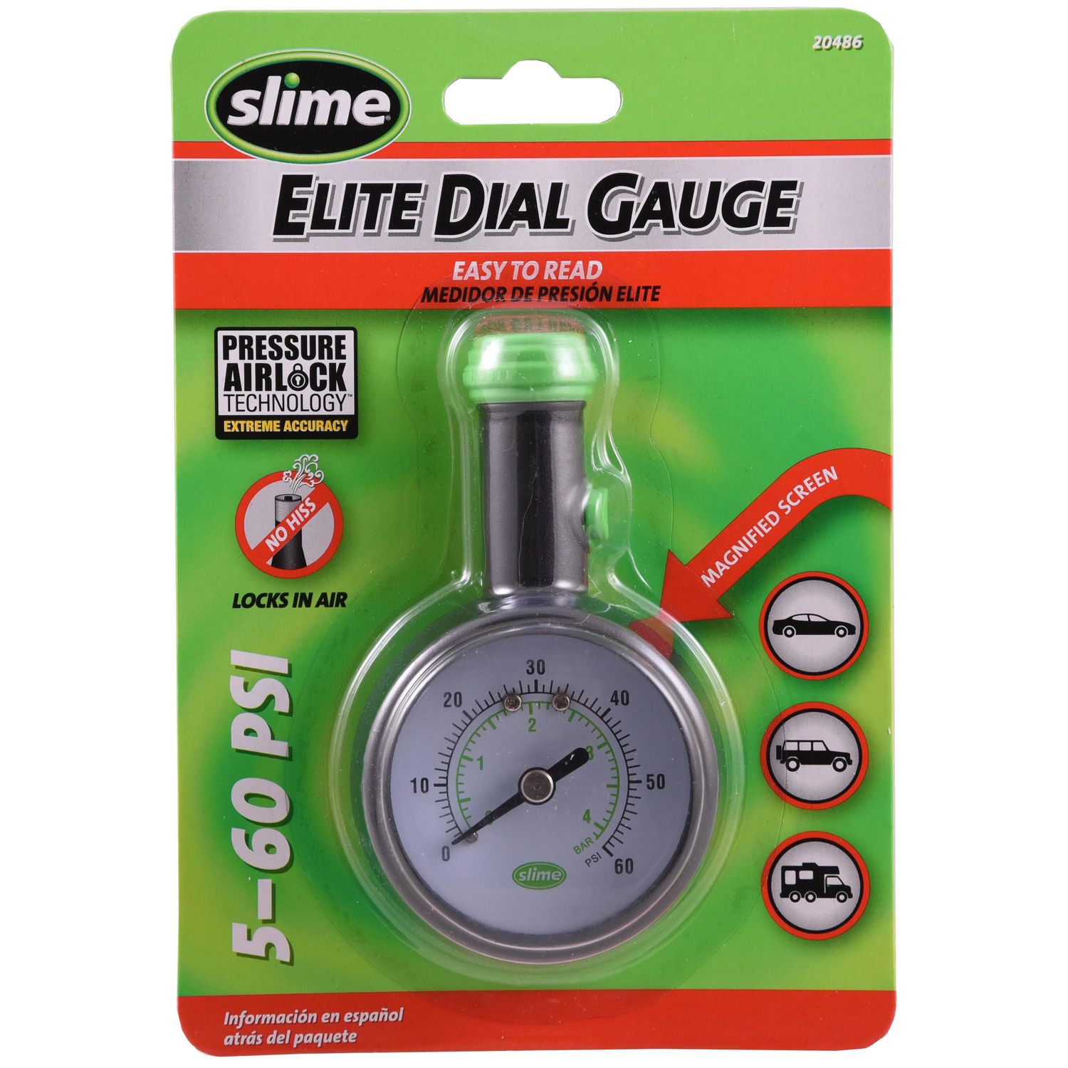 Slime Elite Dial 5 to 60 PSI Tire Pressure Gauge