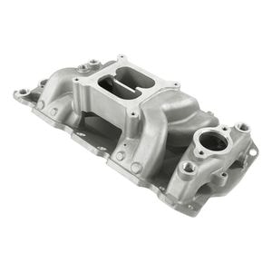 Top Street Performance Satin Aluminum Chevy Small Block Carb Dual Plane Air Gap Intake Manifold